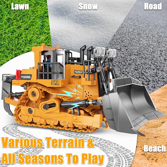 Remote Controlled Bulldozer, 9-Channel Metal RC Construction Vehicle Toy with Lights, Sound, and Rechargeable Battery, Remote Controlled Bulldozer Toy Gift for Kids Boys Girls Aged 4-12 (2.4 GHz)
