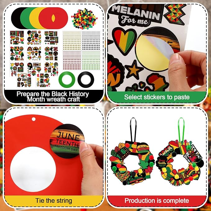 Hollowfly 48 Sets Juneteenth Wreath Craft Kits | 8 African American-Themed Designs, Cardboard Wreaths with Stickers and Pom Poms, 5.91 in Hanging Crafts for Juneteenth Events
