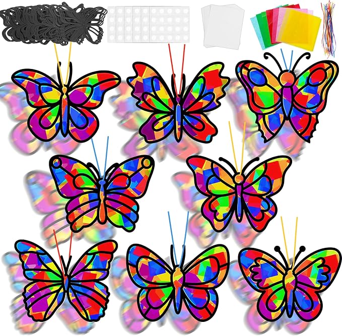 Lonfliness 32 Sets Butterfly Suncatcher Craft Kit DIY VBS Window Stain Glass Effect Paper Butterfly Sunday School Classroom Decors Spring Easter Art Craft Creative Activity Project Kid Gift Favor