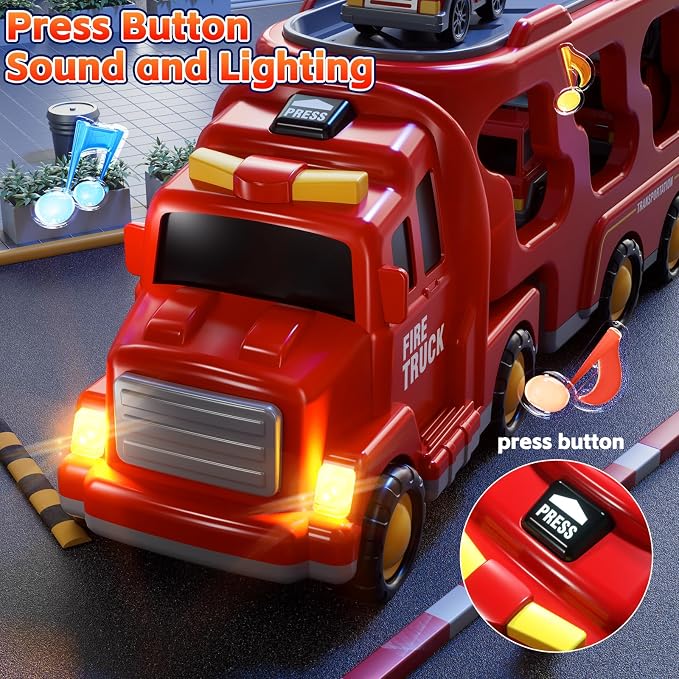 Fire Truck Toys for Toddler 3-5, 5-in-1 Fire Car Carrier | Vehicle Set for Boys Girls 3 4 5 6 Years Old, Transport Car with Light Sound, Birthdays Gifts for Kids Girls Aged 3-9