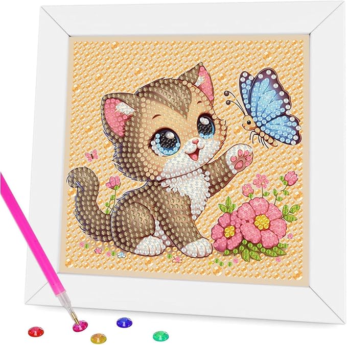 Gemozaic Cat Diamond Art Kits for Kids Ages 4-8-12 with Frame, 7 x 7 in | Cute Animal Diamond Art for Kids 4 6 8 10 12 Year Old, Easy Kid Big Gem Painting, DIY Arts and Crafts for Girl Birthday Gift