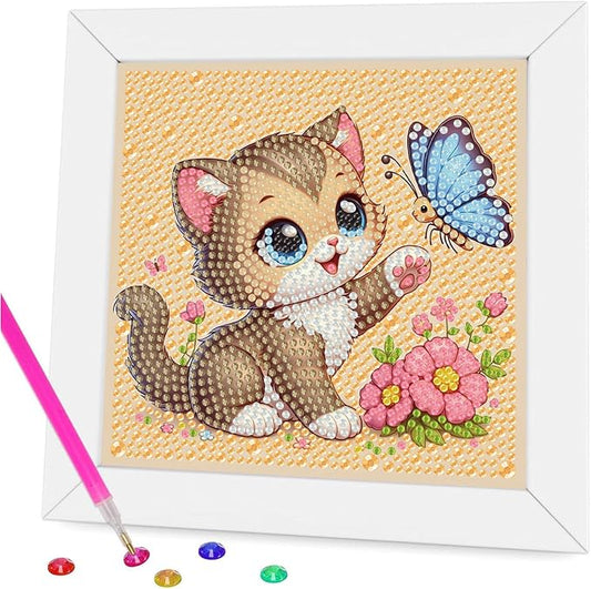 Gemozaic Cat Diamond Art Kits for Kids Ages 4-8-12 with Frame, 7 x 7 in | Cute Animal Diamond Art for Kids 4 6 8 10 12 Year Old, Easy Kid Big Gem Painting, DIY Arts and Crafts for Girl Birthday Gift