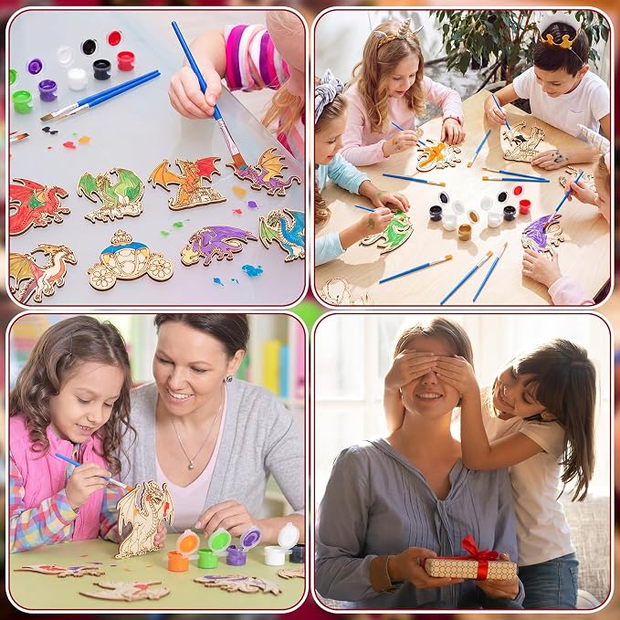 Saypacck 24 Pcs Party Favors Wooden Painting Craft Kits Birthday Party Supplies with Organza Bag for Goodie Bags Fillers Adult Thank You Gifts(Dragon)