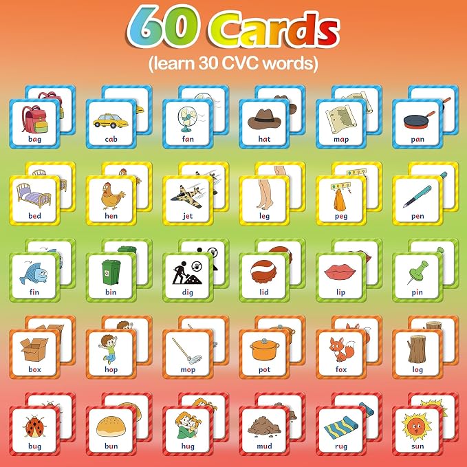 Aizweb CVC Word Match Game - 60 Pc Toddler Card Games for Kids Ages 3-6, Phonics Flash Cards for Preschool & Kindergarten Learning Activities, Educational Toys for Home School Supplies