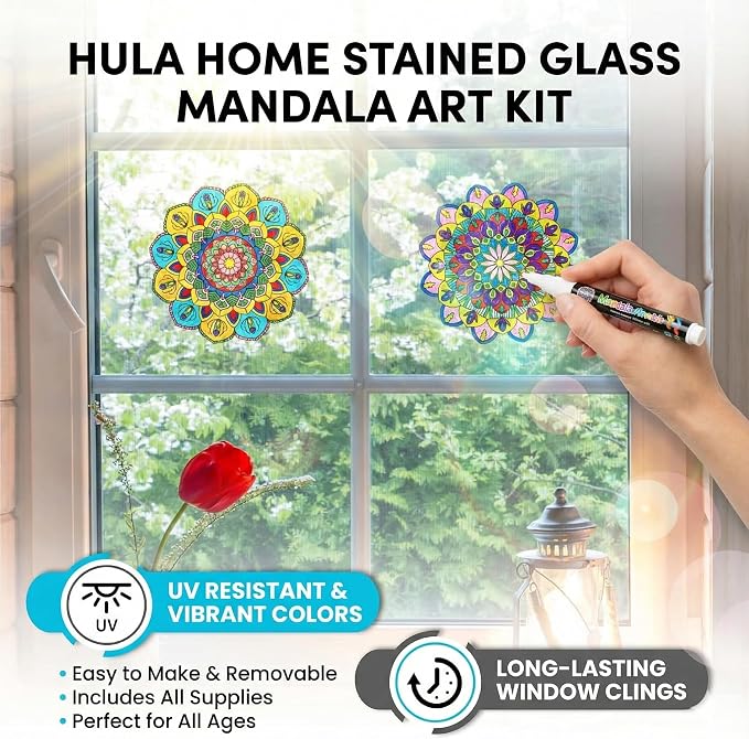Hula Home Stained Glass Mandala Art Kit - DIY Window Clings with Markers, 10 Suncatchers - Perfect Hobby for Adults, Kids, Teens & Seniors - Ideal Gift for Beginners, Women & Elderly