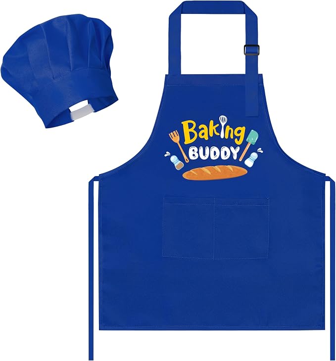 R HORSE 2 Pieces Kid Apron and Chef Hat Set, Dress up Role Play Chef Toy | Blue Baking Buddy Adjustable Children Kitchen Apron for Boy, Ideal for Cooking, Baking, Painting, Cooking Birthday Gift
