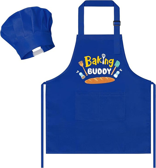 R HORSE 2 Pieces Kid Apron and Chef Hat Set, Dress up Role Play Chef Toy | Blue Baking Buddy Adjustable Children Kitchen Apron for Boy, Ideal for Cooking, Baking, Painting, Cooking Birthday Gift