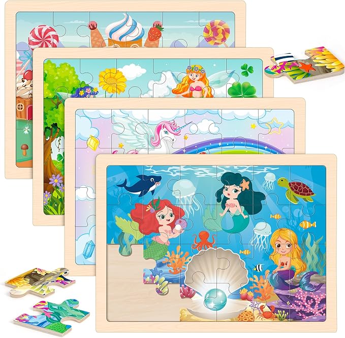 4-Pack Wooden Puzzles for Kids Ages 3-5, 24-Piece Princess Jigsaw Set | Toddler Puzzles Ages 3-5, Preschool Puzzles with Wooden Jigsaw Boards for Fine Motor Skills, Shape Recognition and Travel