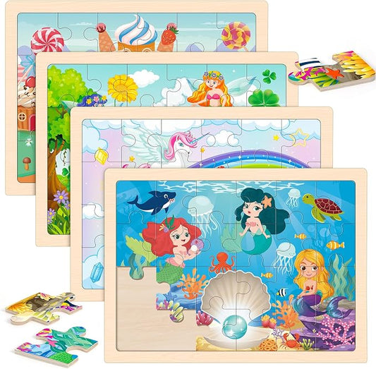 4-Pack Wooden Puzzles for Kids Ages 3-5, 24-Piece Princess Jigsaw Set | Toddler Puzzles Ages 3-5, Preschool Puzzles with Wooden Jigsaw Boards for Fine Motor Skills, Shape Recognition and Travel
