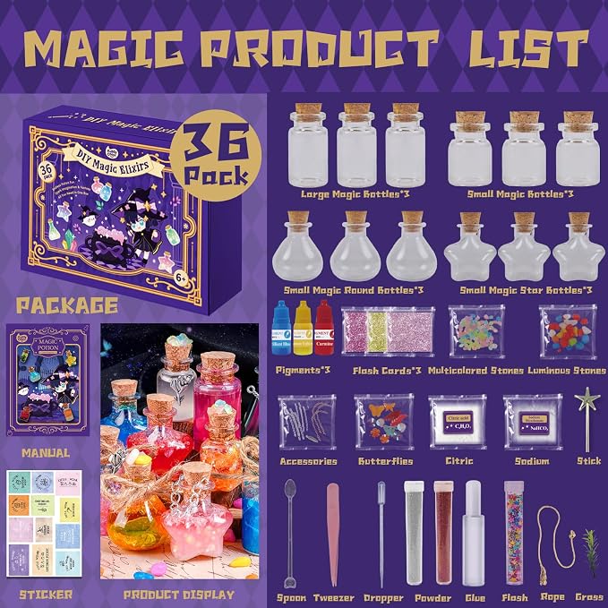 Magic Potion Kit for Kids - 12 Mixed Fairy Potion Bottles, Art Craft & Decoration Toys for Girls Ages 6 7 8 9 10 12+ Year Magical Workshop Kit for Boys Girls Birthday Party Gift, Christmas