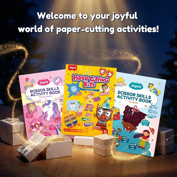 JoyCat Scissor Skills Activity Kit, Toddler Scissors Ages 3-5, Holiday | Preschool workbook with 34 holiday activities, scissors for kids and glue for festive toddler crafts across 4 skill levels.
