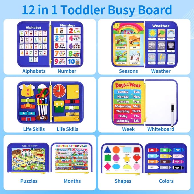 Toddler Busy Board, Montessori Busy Book, Quiet Educational Activity Book | 12-Page Learning Sensory Toys for Car Airplane, Toddlers Travel Toy for Motor Skills, Birthday Gifts for Boy Girl Kids (Blue)