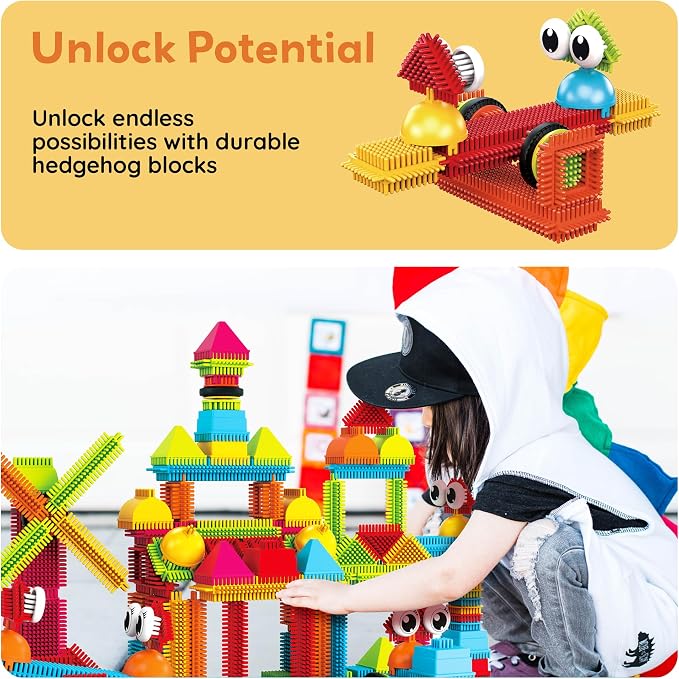 PicassoTiles 240 Piece Hedgehog Bristle Blocks 3D STEM Building Toy Ages 3+ | Easy angle-to-angle connections, vivid colors, creative exploration, spatial reasoning, fine motor skills, solo or group play