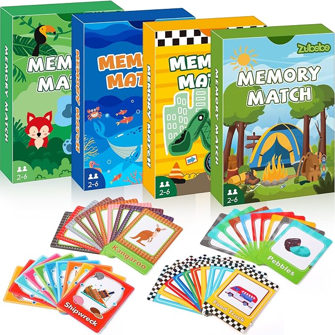 Zubebe 4 Sets Memory Matching Card Game Ages 4+, Family Party Game,Style 2 | Learning Toy with Animal Dinosaur Food Themes, Ideal for Family Night Classroom Prizes Party Favors, Builds Memory Skills