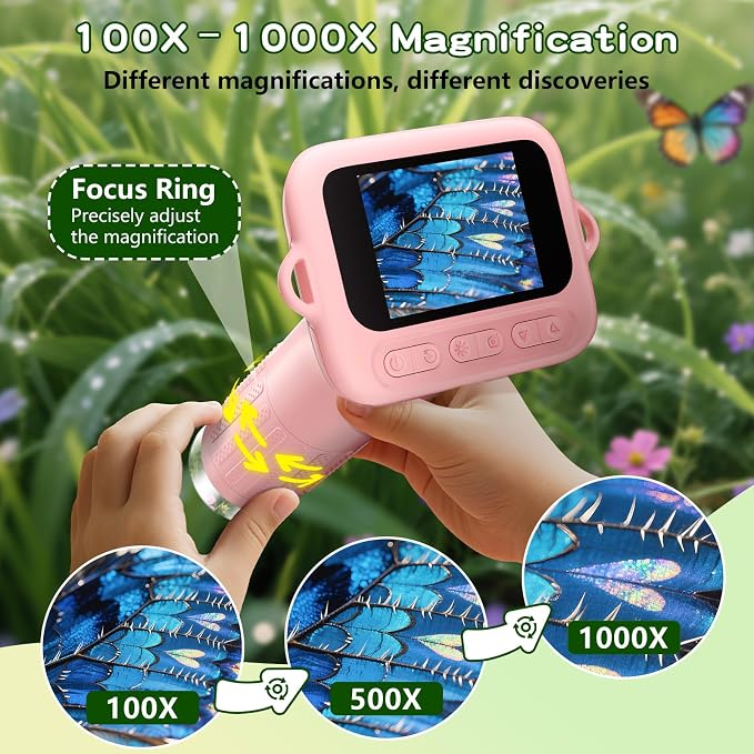 Odatay 1000X Digital Kids Microscope Kit with 12 Slides & 2" Screen, Pink | 1080P Imaging, Fit Ages 3-12, Standalone Pocket Science Edu Toys Gifts, Outdoor Backyard Bugs Exploring, Anti-drop Lanyard