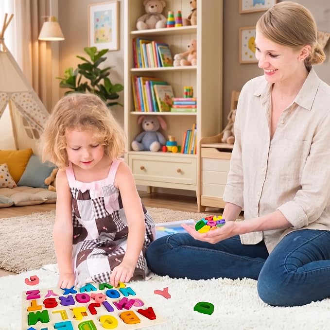 Attmu Wooden Puzzles for Toddlers, 2 Pcs Alphabet ABC Shape Number Puzzle | Learning Toys for Kids Preschool Educational Activities Toddler Gift Toys for Girls Boys Christmas Valentines Easter