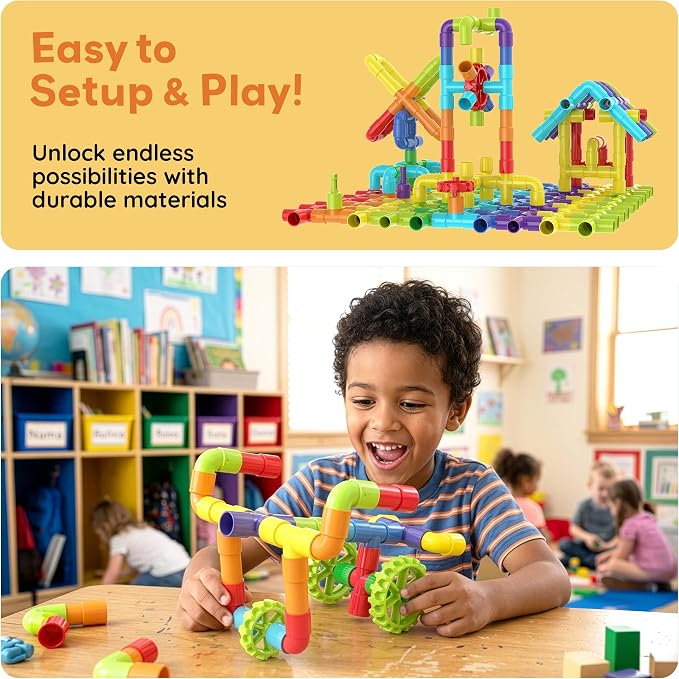 PicassoTiles 100PCS STEM Pipe Building Playset Interlocking Tube Construction Toy with Wheels and Clear Storage Box Educational Learning Toys for Preschool Montessori Kids Age 3+ Boys and Girls PTT139