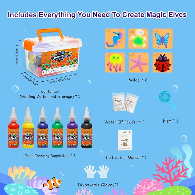 Kiditos Color-Changing Magic Water Elf Kit for Kids, DIY Craft Kit | 6 Gels & 6 Molds, Magic Aqua Fairy Water Gel Kit, STEM Science Activity, Party Favors & Birthday Gifts for Kids Ages 3+