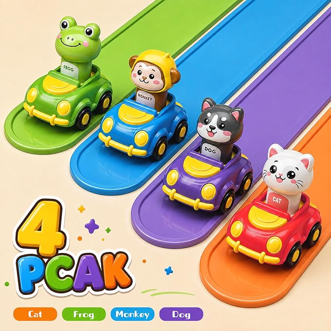 Press to Go Car Toys for Toddlers, Animal Cars for Babies 6-36 Months | 4 Pack Vehicle Set, First Birthday Gifts, Infant Sensory Toys, Baby Shower Gifts, Fun Gifts for Boys & Girls