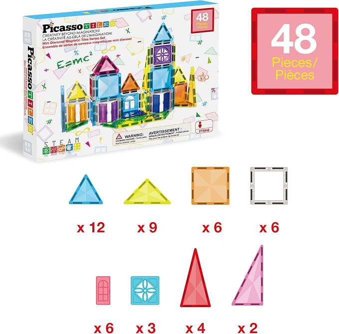 PicassoTiles Magnet Tile Building Blocks 48 Piece Travel Sized Playset with Windows and Clip-on Doors Construction Stacking Magnetic Tiles Block Learning Educational STEM Toy Boys Girls Age 3+ PTM48