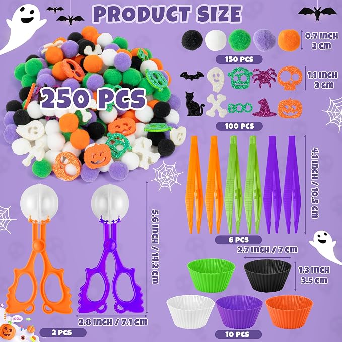 EZdhuawuse Halloween Sensory Bin Fillers - 269P Halloween Fine Motor Toys Sorting Stacking Toys for Kids, Glitter Felt Pumpkin Black Cat Hat Pom Poms for Preschool Education Early Development Activity