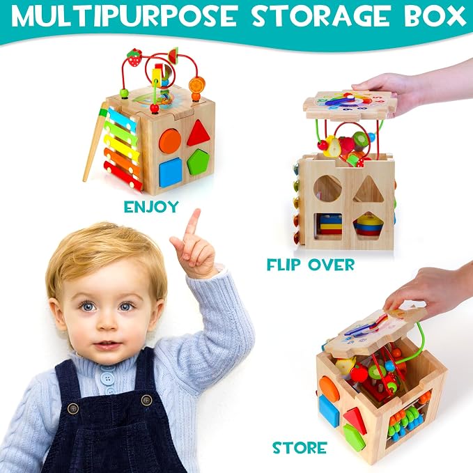 HELLOWOOD Wooden Activity Cube, 8-in-1 Montessori Baby Toys for 1+ Year Old | Educational Learning Toys for Toddlers, 1st Birthday Gift for Boys & Girls, Bonus Sorting & Stacking Board, Ready for Gifting