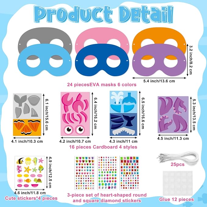 WATINC Ocean Animals Mask Craft - 24pcs Make Your Own Sea World Animal Foam Mask Kit for Kid, Under the Sea DIY Set with Diamond Stickers for Dress Up Party Favor Art Project Family Classroom Activity