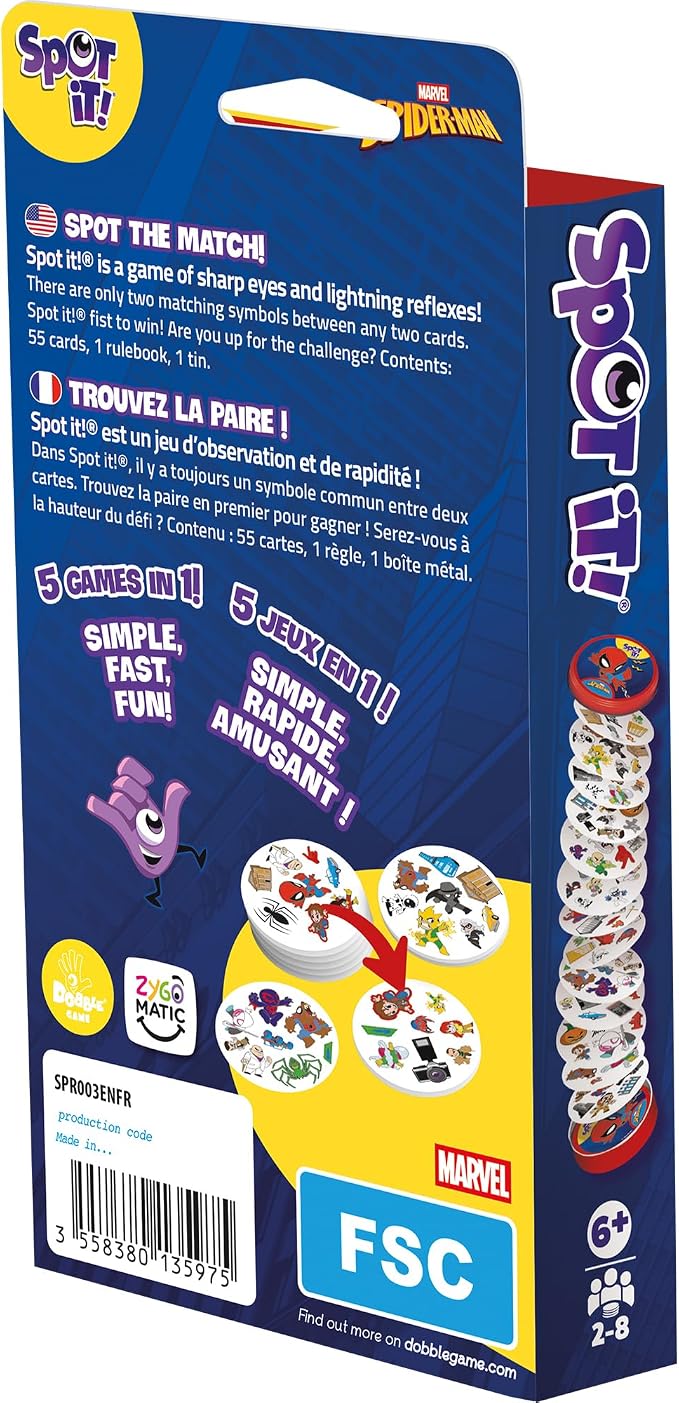 Zygomatic Spot It! Spiderman Card Game (Eco-Blister) | Fast-Paced Matching Featuring 5 Mini-Games, Travel-Friendly Family Fun for Kids & Adults, Ages 6+, 2-8 Players, 10 Mins