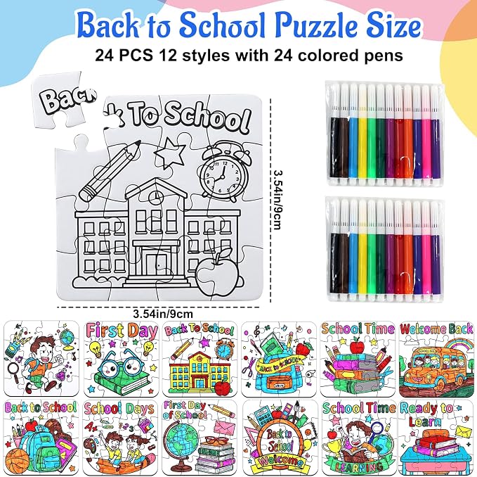 24 Sets Back to School Crafts for Kids Ages 4-8, DIY First Day of School Arts Kits Puzzle Book Glasses Apple Pencil, Christian Gifts for Classroom Activities, Party Favors, Coloring Game Bulk Supplies