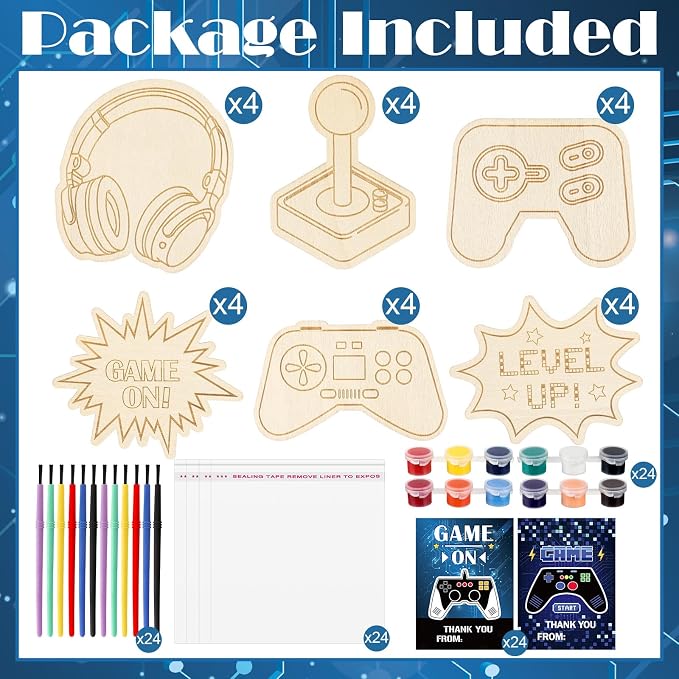 Chunful 24 Sets Video Game Party Favors Video Game Wooden Painting Crafts Kits DIY Gaming Paint Arts and Crafts Gifts for Home Birthday Gaming Theme Party Decoration Craft Project