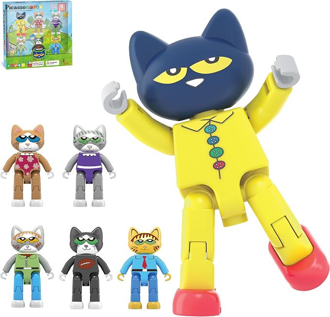 PicassoTiles 6pcs Pete the Cat Magnetic Figures Family Animal Action Character Toddler Toys Magnet Expansion Pack Building Blocks Add-on Educational STEM Learning Kit Construction Brain Tiles PTC01