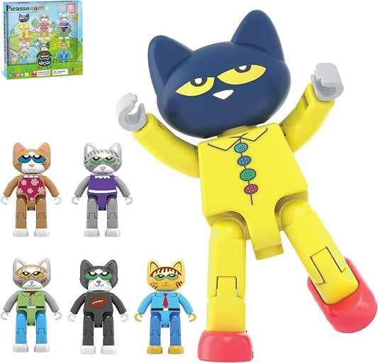 PicassoTiles 6pcs Pete the Cat Magnetic Figures Family Animal Action Character Toddler Toys Magnet Expansion Pack Building Blocks Add-on Educational STEM Learning Kit Construction Brain Tiles PTC01