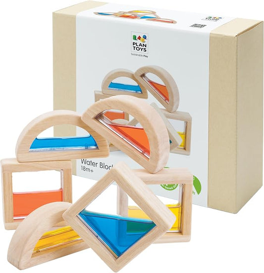 PlanToys® Water Blocks Wooden Montessori Sensory and STEM Building Toy | Light, Colour, Creativity and Fine Motor Skill Development | Eco Friendly Open Ended Learning Activity
