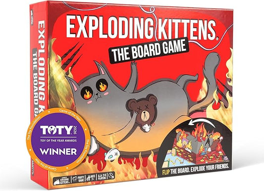 Exploding Kittens The Board Game, 2-6 Players, Age 7+ | One of the bestselling card games of all time is now a board game! Flip the pop-up board, strategize, sabotage, and surprise.