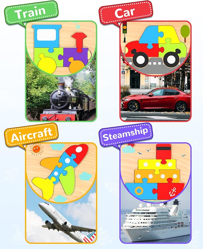 Wooden Toddler Puzzles Gifts Montessori Toys for 1 2 3 Years Old Boys Girls | 4 Vehicle Shape Puzzles, Boy Birthday Gift, Montessori Toys Educational Blocks for Toddlers 1-3, 2-4, Baby Learning Toys