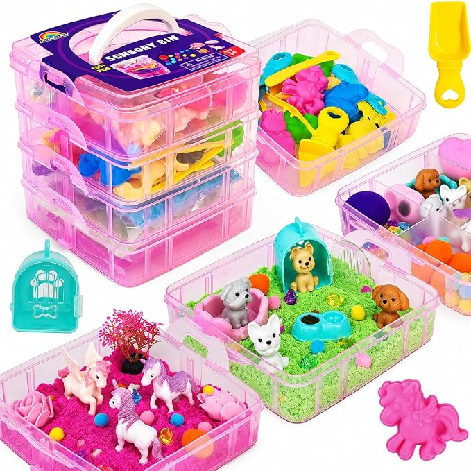 AGENTLAN Stackable Sensory Bin, Unicorn & Pet Sensory Sand Play Set | Unicorn and pet sand box with play sand, sensory toys for toddlers boys and girls, gift for girls ages 3-8