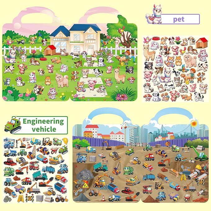 Kalysky 6 Set (260pcs) Reusable Sticker Books for Toddlers 1-3 2-4, Kids 3D Puffy Stickers (Dinosaurs, Forest, Town, Pets, Construction, Insects), Sticker Activity Books