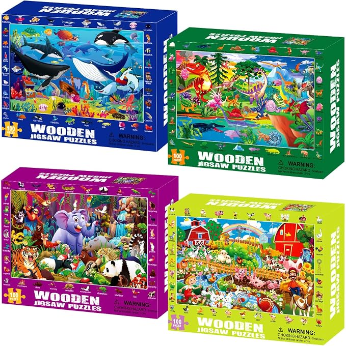 100 Piece Puzzles for Kids Ages 4-6 4-Pack Jigsaw Puzzles Animal Themes | Educational Learning Toys for Kids Ages 6-8 8-10, Birthday Gifts for Girls Boys