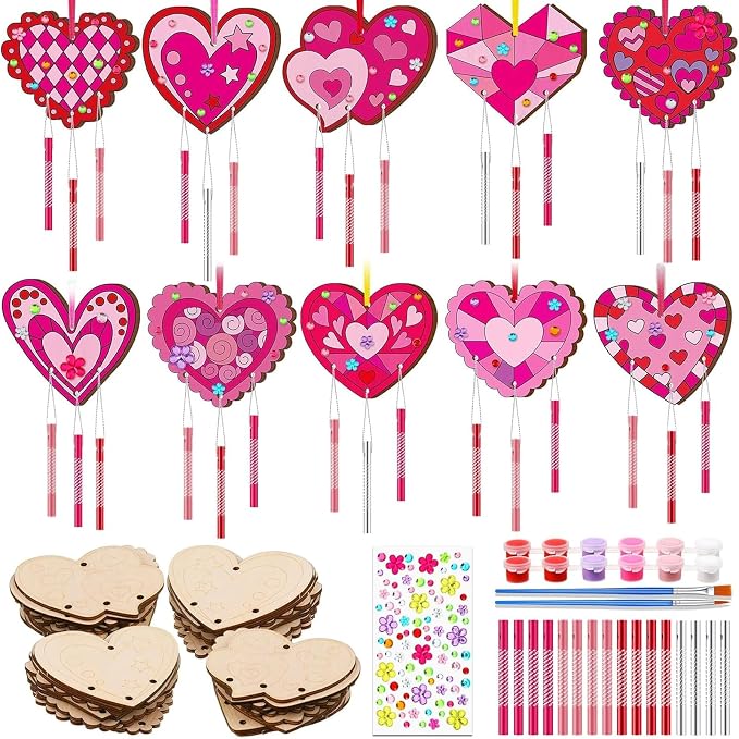 JellyArch 30 Pack Summer Wind Chime Craft Kit Heart Wood DIY Adults | Includes Paints Brushes Stickers for Ocean Activities, Kids Birthday Party Crafts, Make Your Own Heart Wooden Ornaments Decor