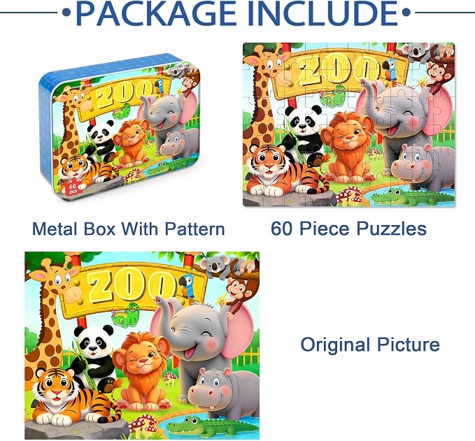 LELEMON Puzzles for Kids Ages 4-6,Zoo 60 Piece Puzzles for Kids Ages 6-8 in a Metal Box,Children Jigsaw Puzzles Kids Puzzles,Educational Learning Puzzle Toys for Girls and Boys