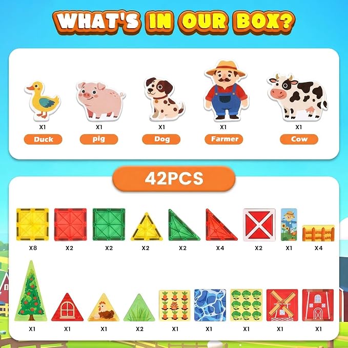 3 Otters 42PCS Magnetic Tiles Set, Building Blocks with Farm Animals | Magnet Toys for Kids, Preschool Learning, Spatial Awareness, Shape Recognition, Classroom Must Haves, Birthday Gifts