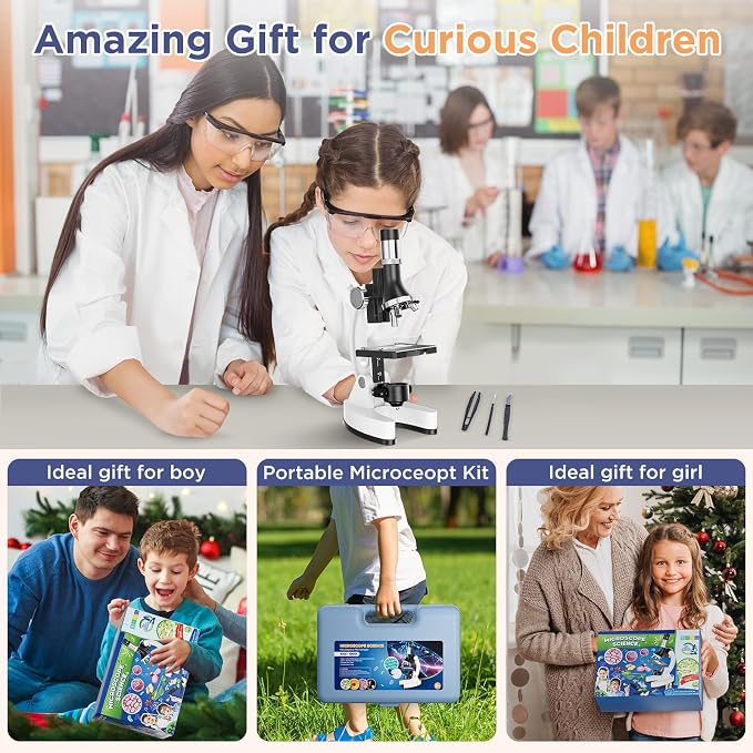 100X-1200X Kids Microscope Kit for Children: Compound Microscope for Kid | STEM Biology Discovery Science Experiments Microscopio Set with Metal Frame, Carrying Box Educational Gift for Child 8-12
