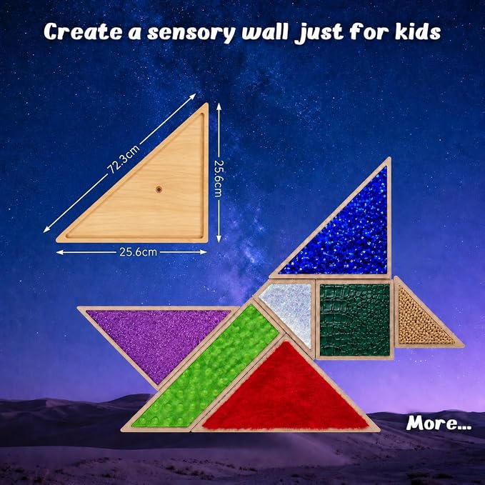 7-Piece Sensory Wall Panel Set for Kids, Modular Wooden Activity Boards with Interchangeable Textures & Sequin Flip Triangles, Fine Motor & Sensory Exploration Toys for Classroom, Daycare & Home