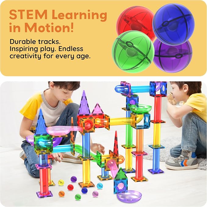 PicassoTiles 4pc Marbles for Magnetic Block Tiles Marble Run Race Track Magnet Building Tile Blocks Racetrack Maze Construction Toys Creative Toy Girls Boys 3 and Up Early Education STEM Learning Kit