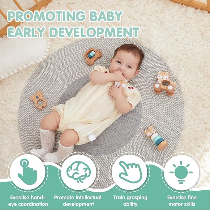 FReniland Wooden Montessori Toys, 5-Piece Wooden Baby Toy, Koala Baby Rattle, Fox Stacking Ring, Little Fox Push and Pull Toys,Koala Holding Toy,Newborn Baby Gift Sets for Boys and Girls