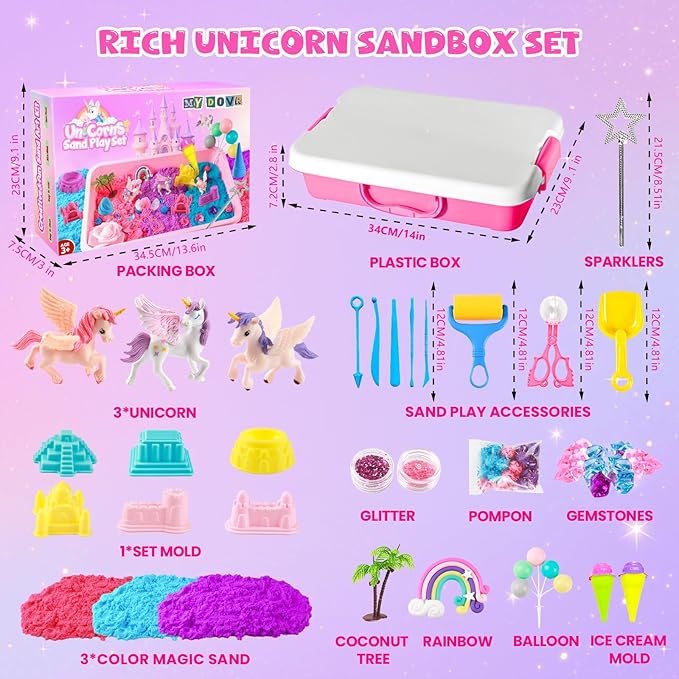 Unicorn Sensory Bin for Girl, Magic Sand Art Kit for Boys and Girl with Sandbox, Castle Molds, 2.18lb 3 Color Sand, Best Unicorn Toy Kits Christmas Birthday Gift for Toddler Ages 3+