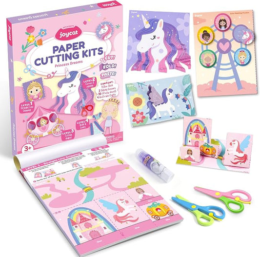 JoyCat Scissor Skills Activity Kit, Toddler Scissors Ages 3-5, Princess | Preschool workbook with 34 princess activities, scissors for kids and glue for creative toddler arts and crafts.