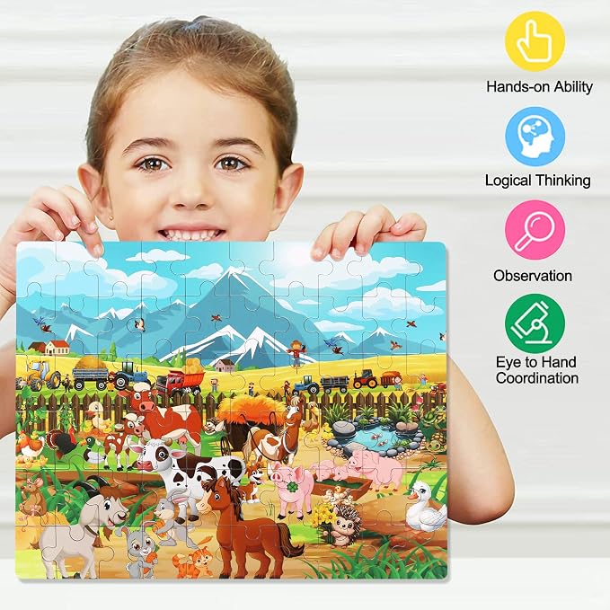 LELEMON Puzzles for Kids Ages 4-8 6-8 8-10 Farm Animals Jigsaw Puzzles Boys Girls Children Learning Educational Puzzles Portable Box Pack Toy 60 Pieces