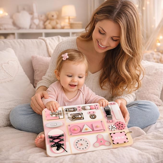 Montessori Busy Board for Baby & Toddlers 1-3 | Wooden Sensory Activity Board with 13 Activities, Real Metal Locks & Latches | Fine Motor Skills Educational Toy for 1 2 3 Year Old