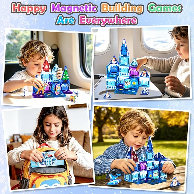 33PCS Mini Magnetic Tiles - Arctic Animals Theme Toddler Travel Essentials Set with Case, Magnetic Building Blocks Kids Games Montessori Preschool Sensory Toys for 3+ Year Old Boys Girls Gifts